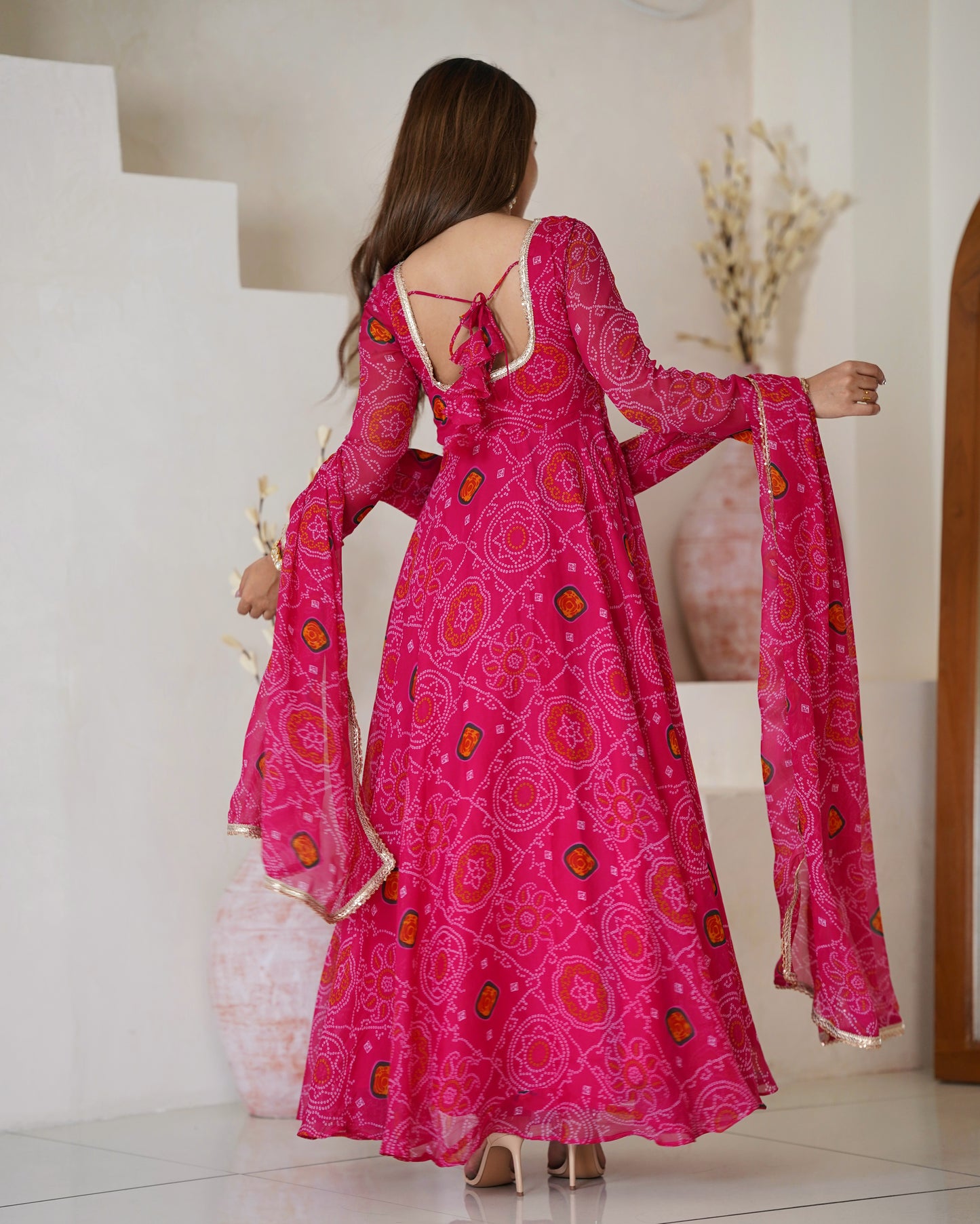RANI PINK COLOR BANDHEJ PRINT SOFT CHIFFON ANARKALI SUIT SET OF 3