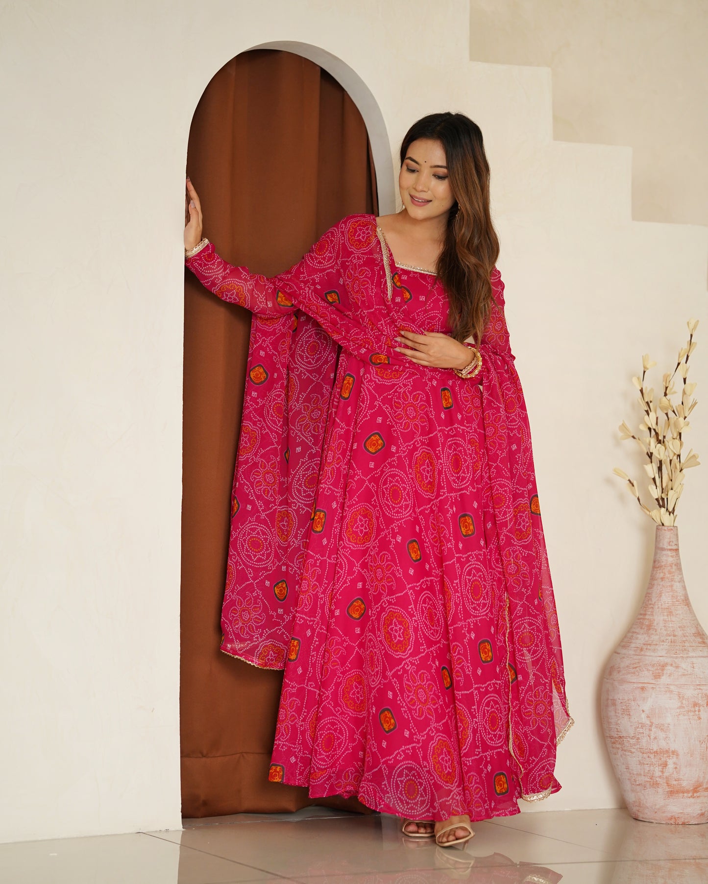 RANI PINK COLOR BANDHEJ PRINT SOFT CHIFFON ANARKALI SUIT SET OF 3