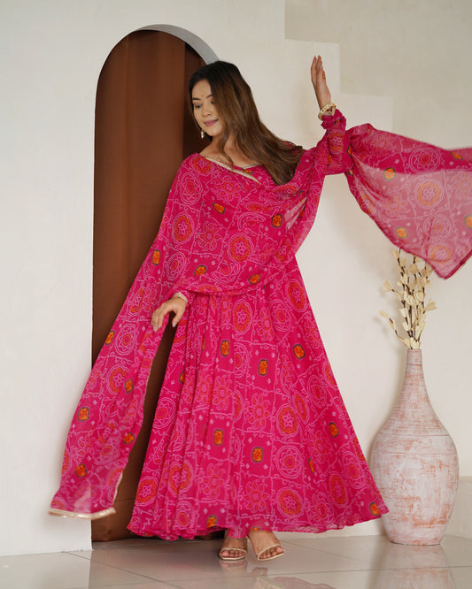 RANI PINK COLOR BANDHEJ PRINT SOFT CHIFFON ANARKALI SUIT SET OF 3