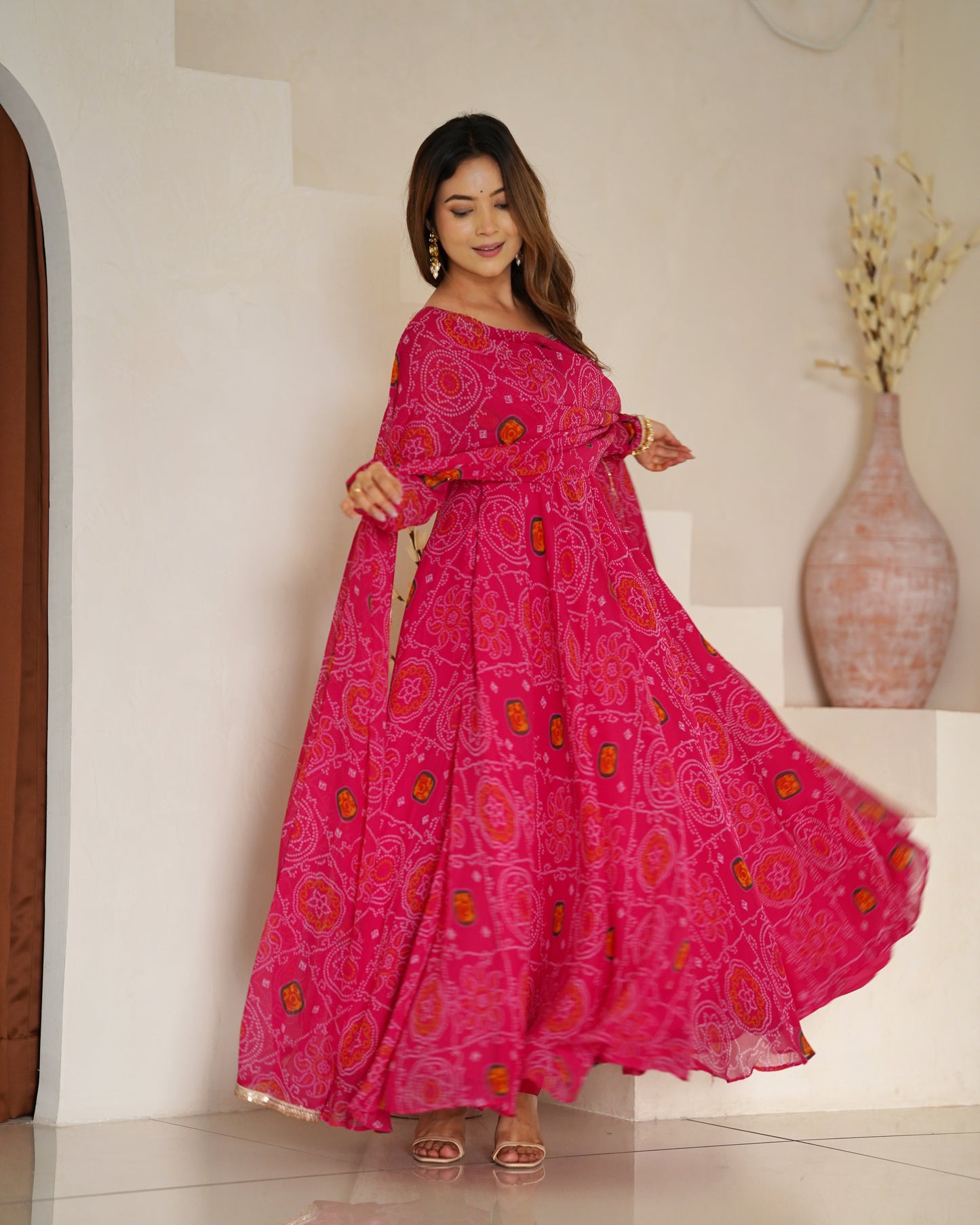 RANI PINK COLOR BANDHEJ PRINT SOFT CHIFFON ANARKALI SUIT SET OF 3