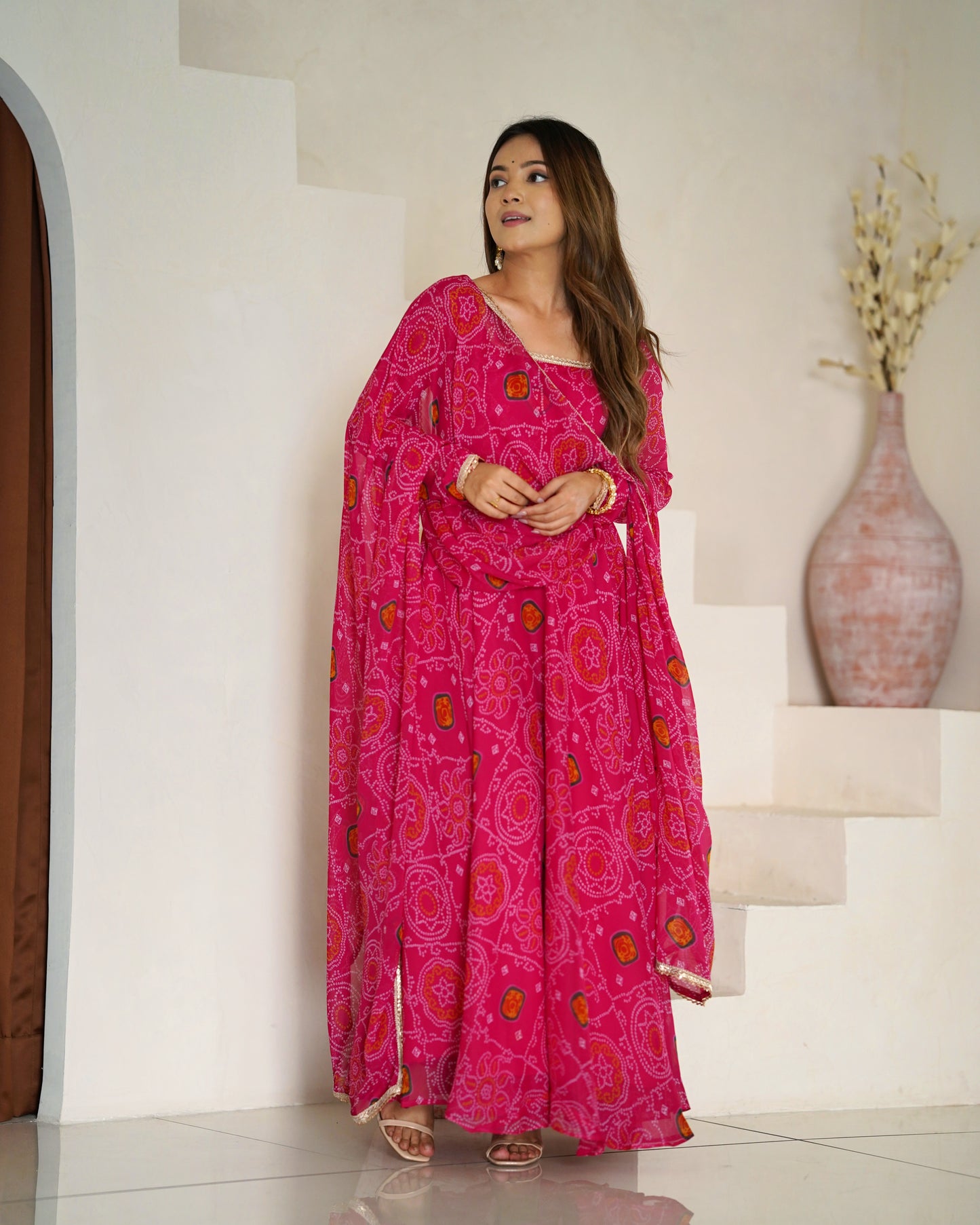 RANI PINK COLOR BANDHEJ PRINT SOFT CHIFFON ANARKALI SUIT SET OF 3