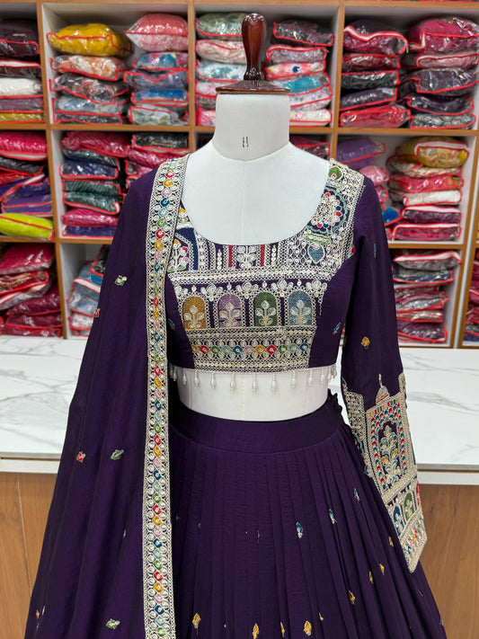 DARK PURPLE COLOR VICHITRA SILK BASE WEDDING SPECIAL FULLY STITCHED LEHENGA CHOLI