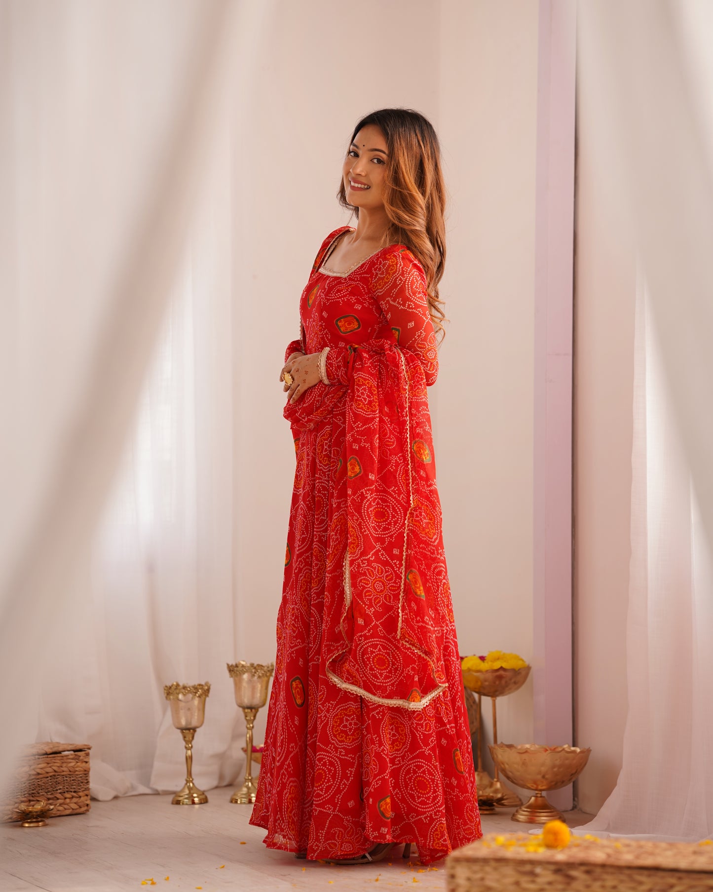 RED COLOR BANDHEJ PRINT SOFT CHIFFON ANARKALI SUIT SET OF 3