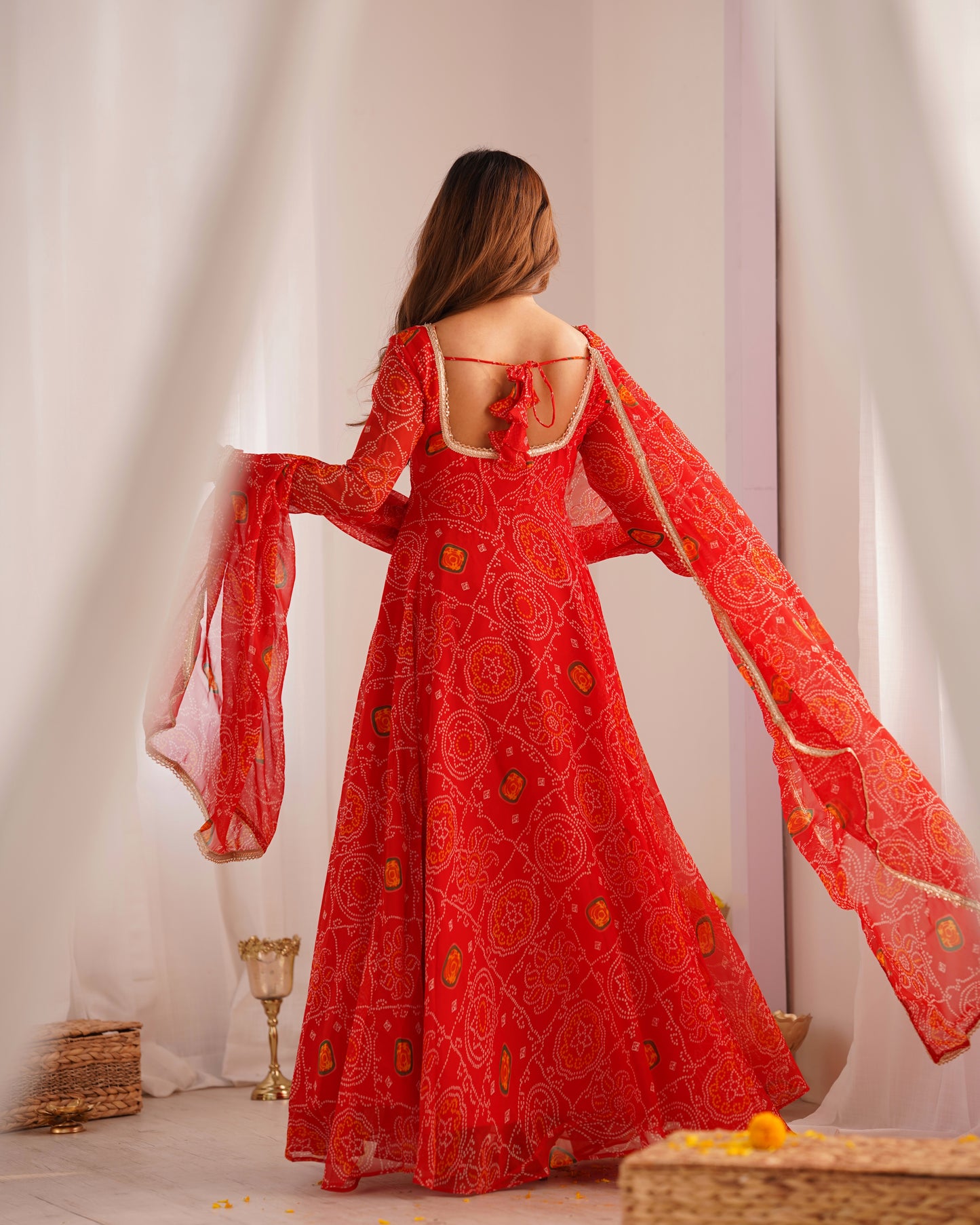 RED COLOR BANDHEJ PRINT SOFT CHIFFON ANARKALI SUIT SET OF 3