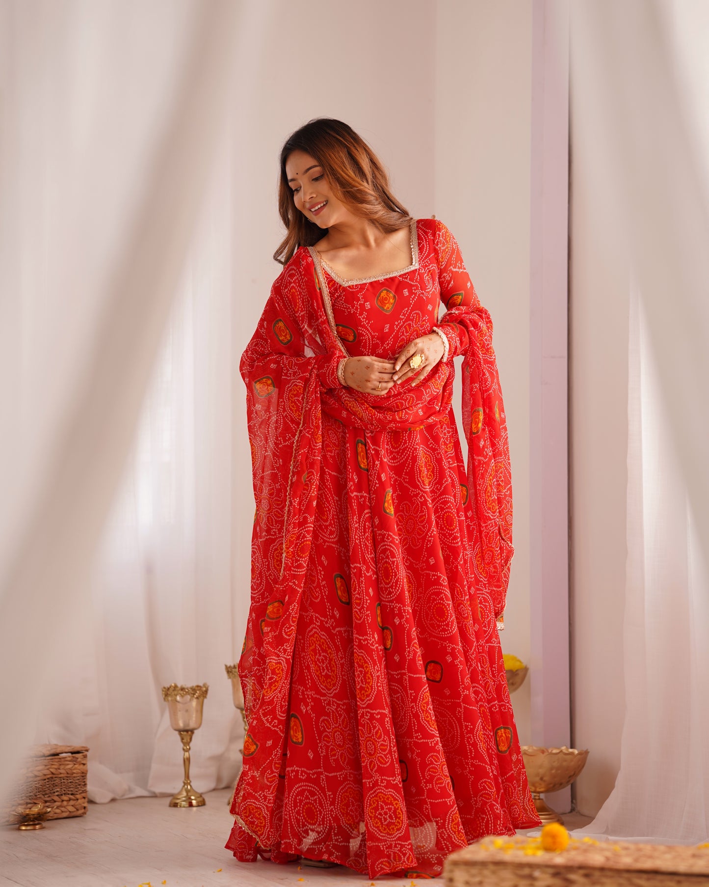 RED COLOR BANDHEJ PRINT SOFT CHIFFON ANARKALI SUIT SET OF 3