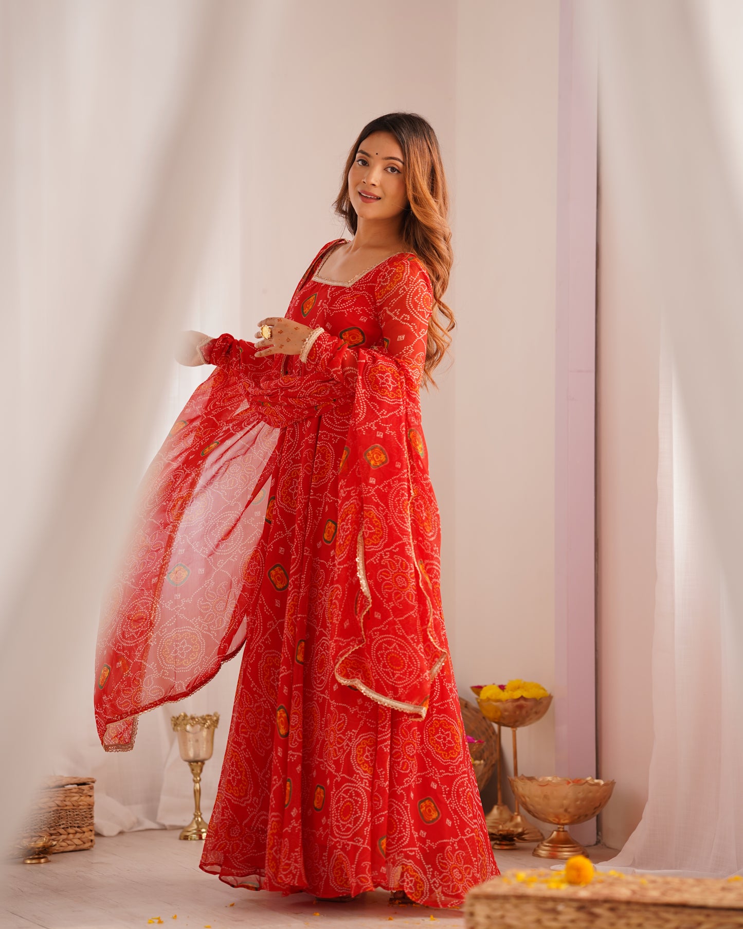 RED COLOR BANDHEJ PRINT SOFT CHIFFON ANARKALI SUIT SET OF 3