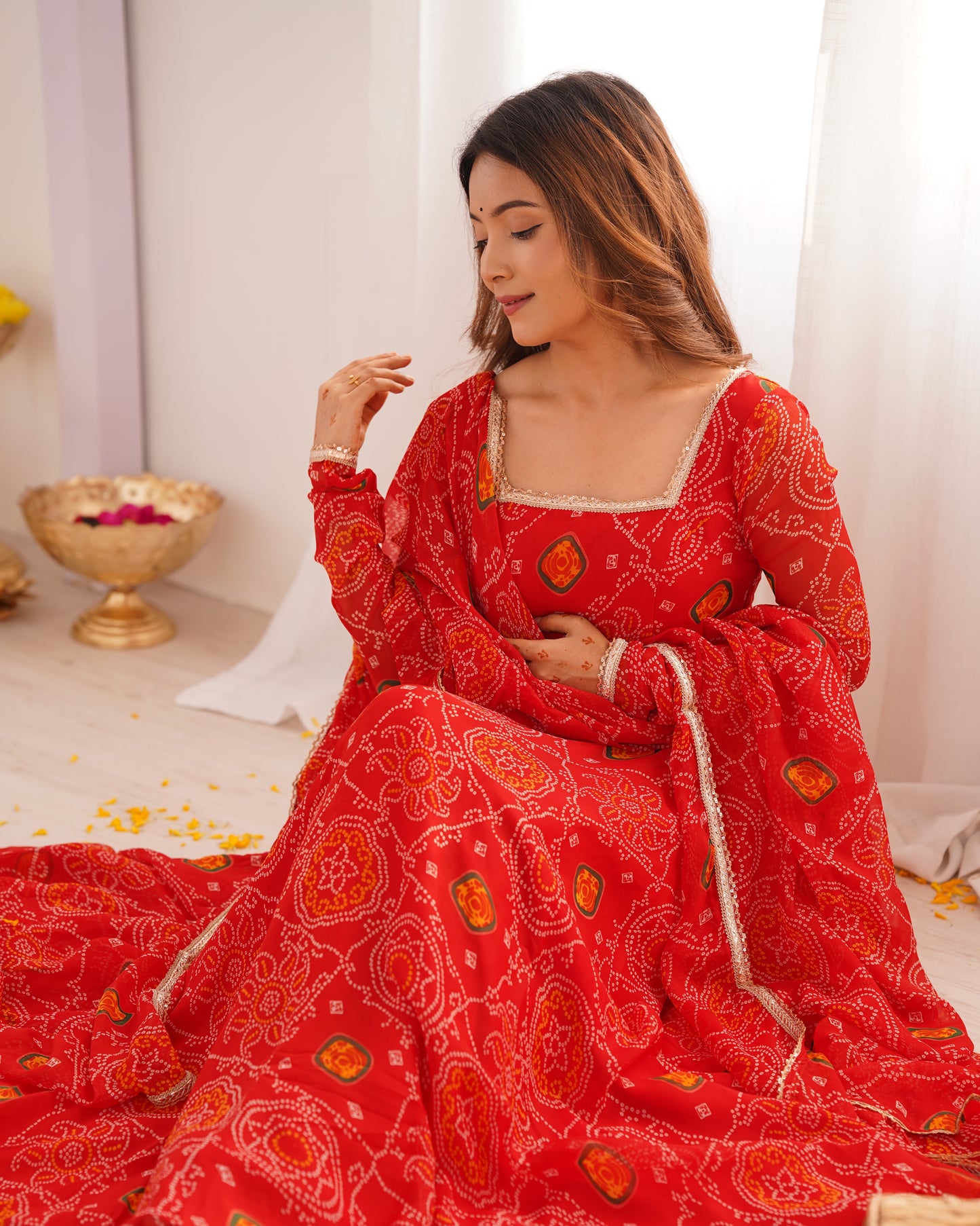 RED COLOR BANDHEJ PRINT SOFT CHIFFON ANARKALI SUIT SET OF 3