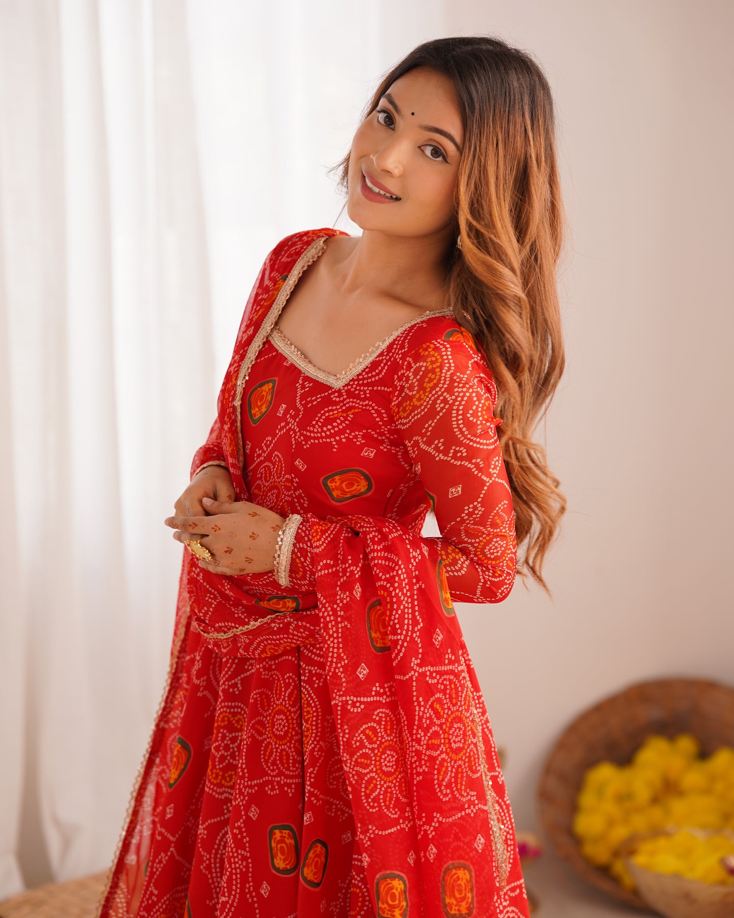 RED COLOR BANDHEJ PRINT SOFT CHIFFON ANARKALI SUIT SET OF 3