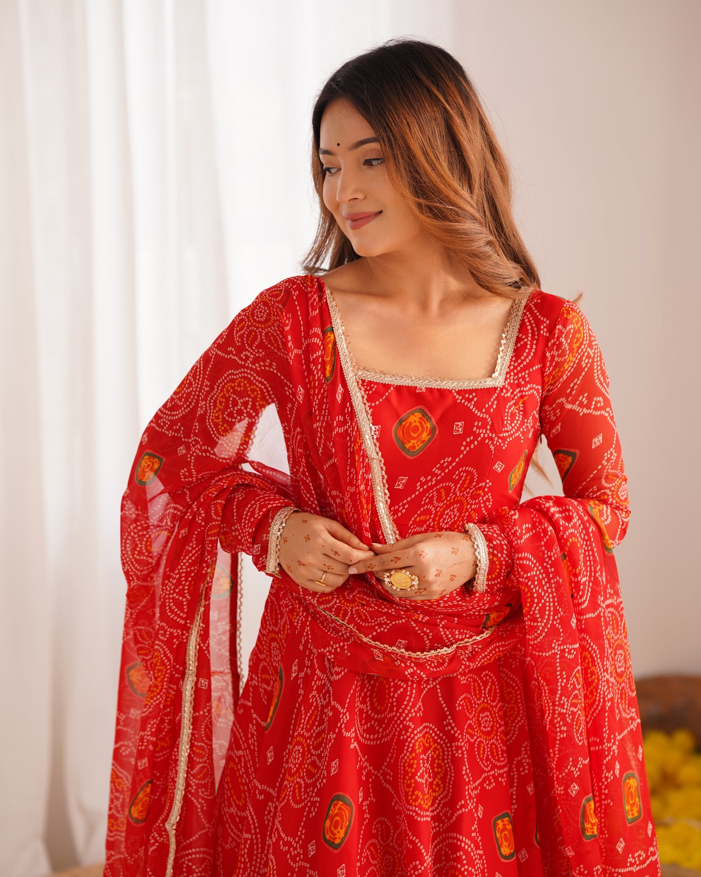 RED COLOR BANDHEJ PRINT SOFT CHIFFON ANARKALI SUIT SET OF 3