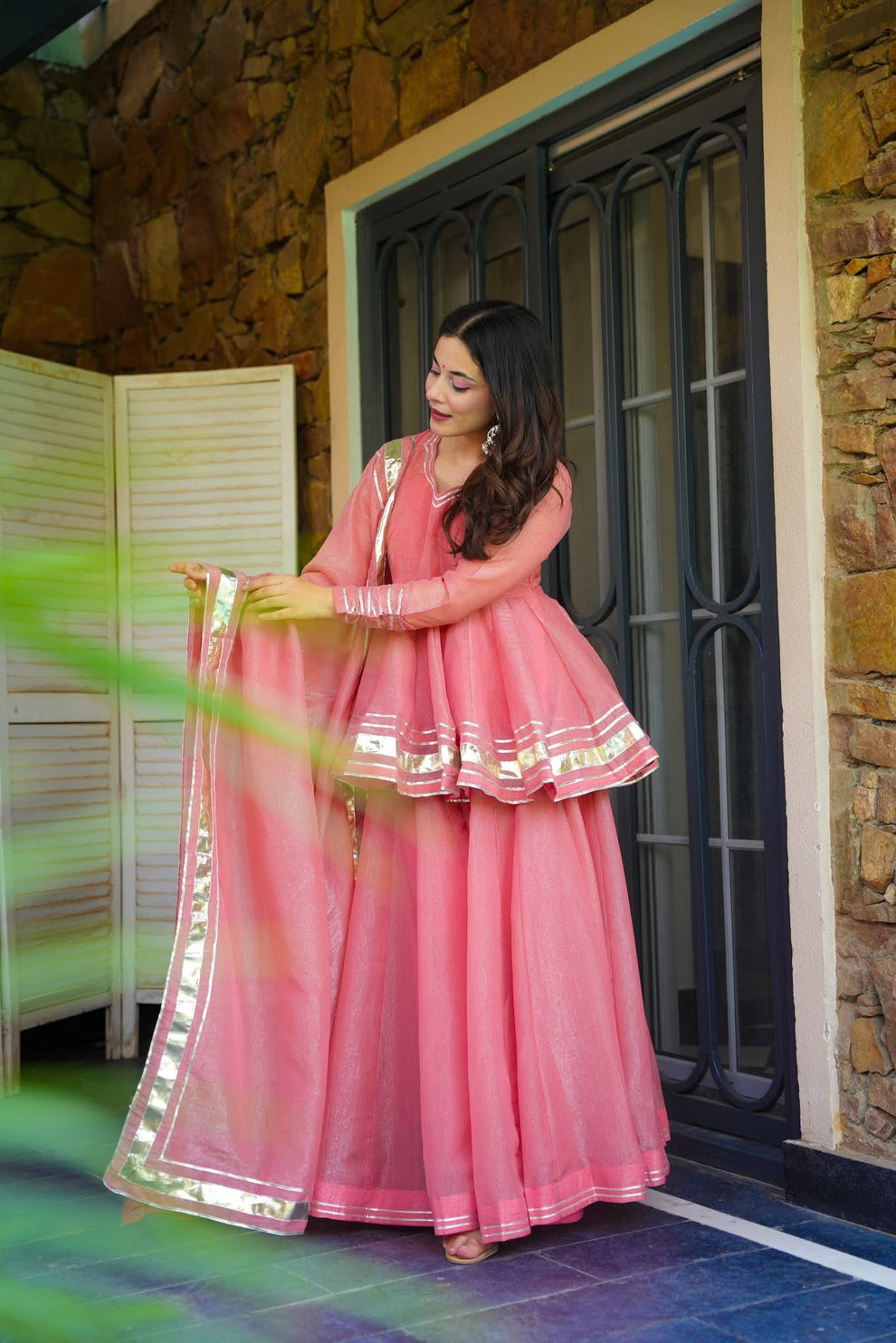 PINK COLOR TISSUE CRUSH FABRIC KURTA SUIT SET OF 3