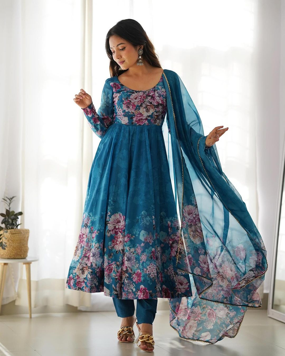 RAMA COLOR FLORAL PRINT ORGANZA THREE PIECE ANARKALI SUIT
