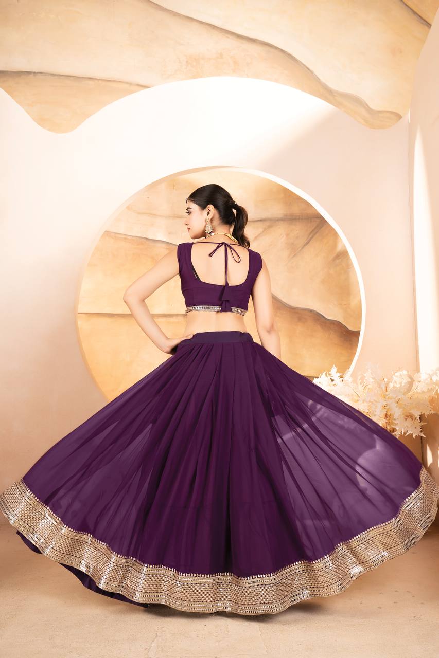WINE COLOR SEQUNCE ZARI EMBROIDERED GEORGETTE ATTRACTIVE BORDER LEHENGA CHOLI WITH DUPATTA