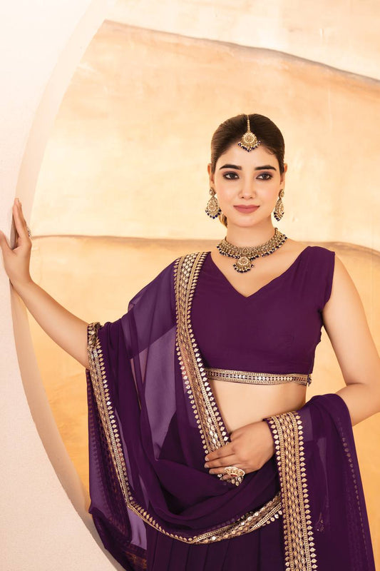 WINE COLOR SEQUNCE ZARI EMBROIDERED GEORGETTE ATTRACTIVE BORDER LEHENGA CHOLI WITH DUPATTA