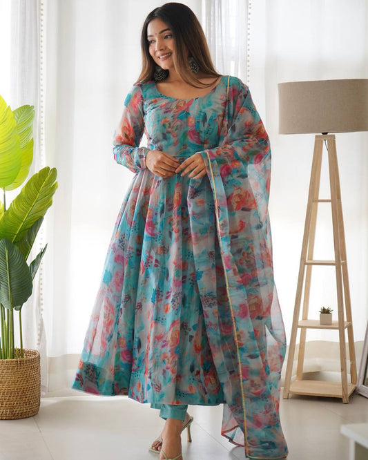SKY BLUE MULTI COLOR PRINT ORGANZA ANARKALI SUIT SET OF 3