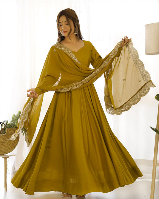 BEAUTIFUL MUSTARD COLOR PURE CHANDERI SILK ANARKALI SUIT SET OF 3