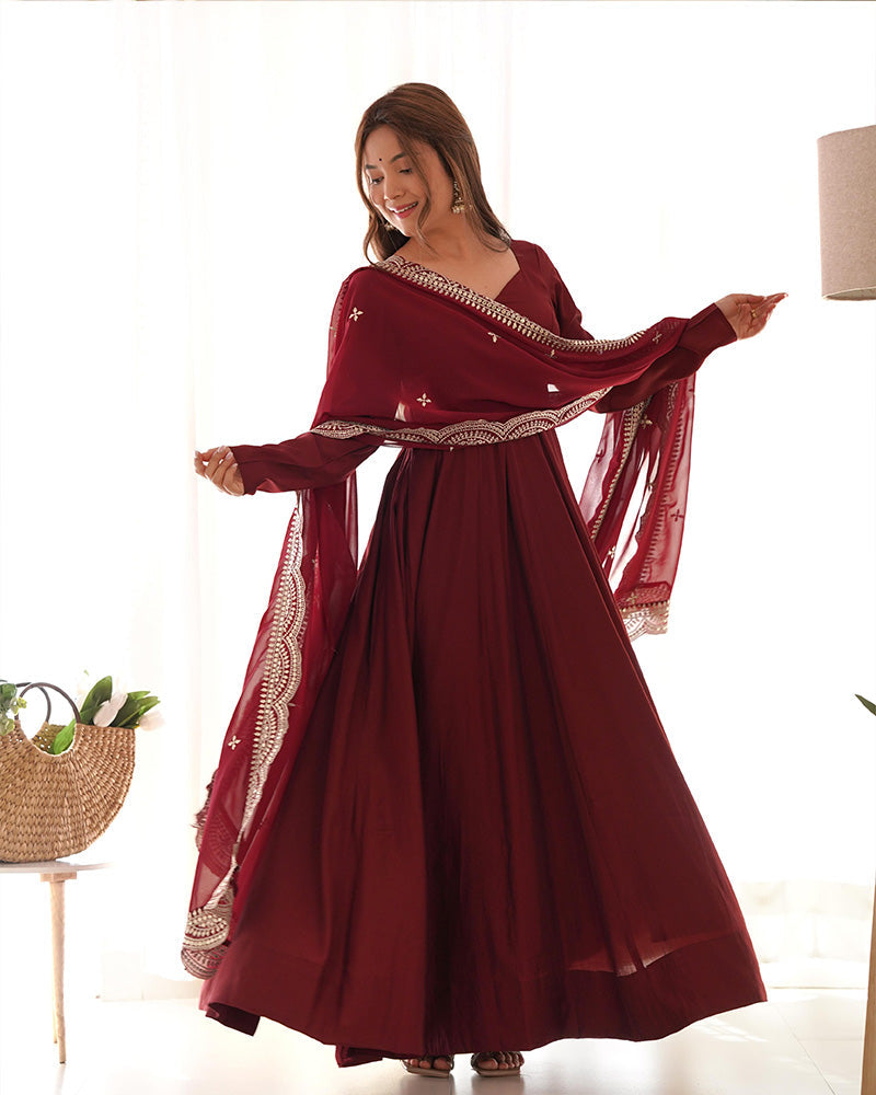 BEAUTIFUL MAROON COLOR PURE CHANDERI SILK ANARKALI SUIT SET OF 3
