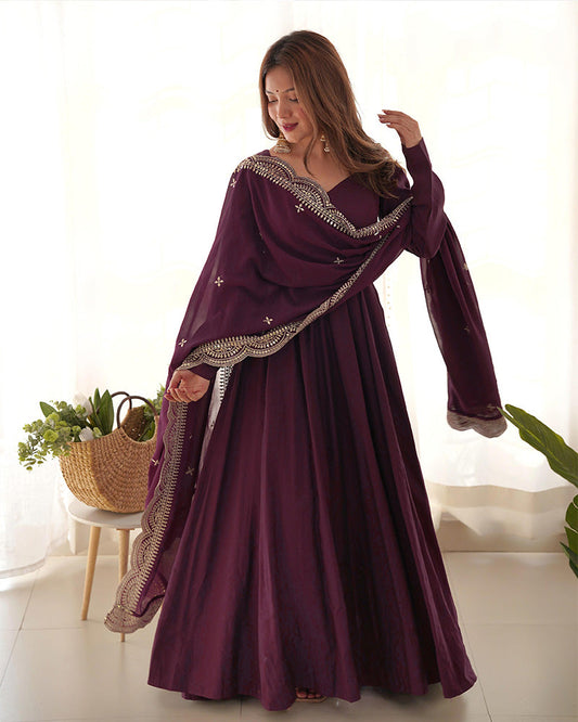 BEAUTIFUL WINE COLOR PURE CHANDERI SILK ANARKALI SUIT SET OF 3