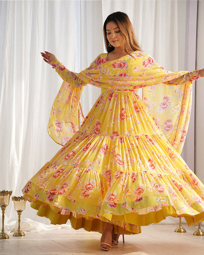 YELLOW COLOR GEORGETTE THREE LAYER RUFFLE STYLE ANARKALI SUIT SET OF 3
