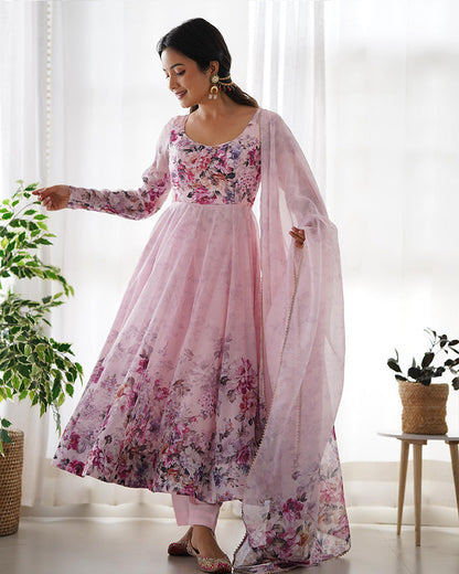 BABY PINK COLOR FLORAL PRINT ORGANZA ANARKALI SUIT SET OF 3