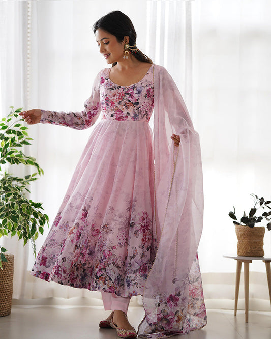 BABY PINK COLOR FLORAL PRINT ORGANZA ANARKALI SUIT SET OF 3