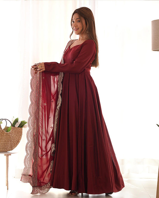 BEAUTIFUL MAROON COLOR PURE CHANDERI SILK ANARKALI SUIT SET OF 3