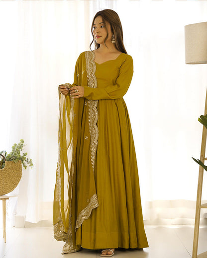 BEAUTIFUL MUSTARD COLOR PURE CHANDERI SILK ANARKALI SUIT SET OF 3