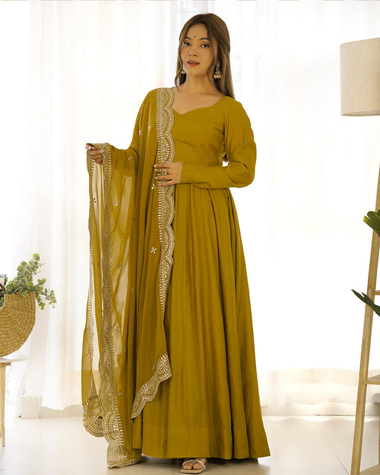 BEAUTIFUL MUSTARD COLOR PURE CHANDERI SILK ANARKALI SUIT SET OF 3