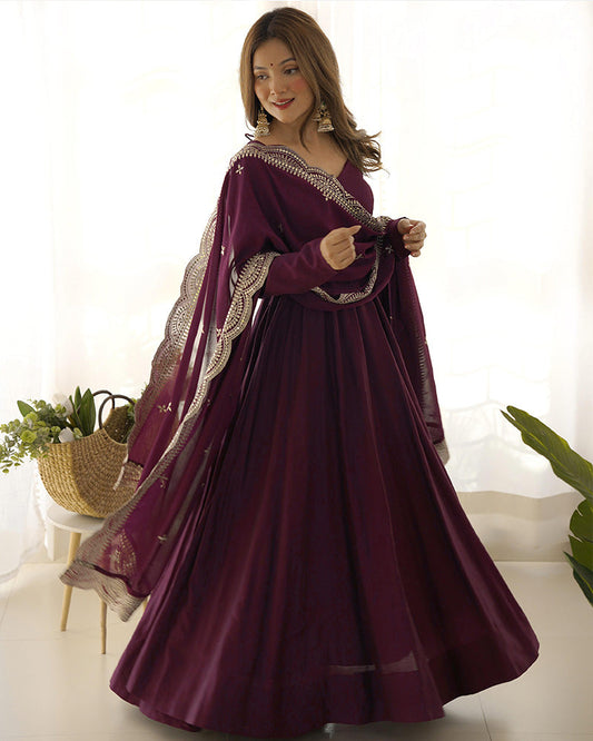 BEAUTIFUL WINE COLOR PURE CHANDERI SILK ANARKALI SUIT SET OF 3