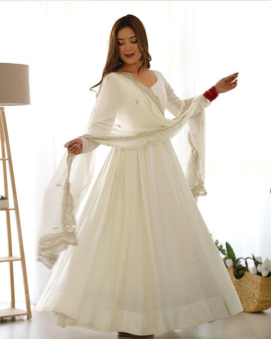 BEAUTIFUL WHITE COLOR PURE CHANDERI SILK ANARKALI SUIT SET OF 3