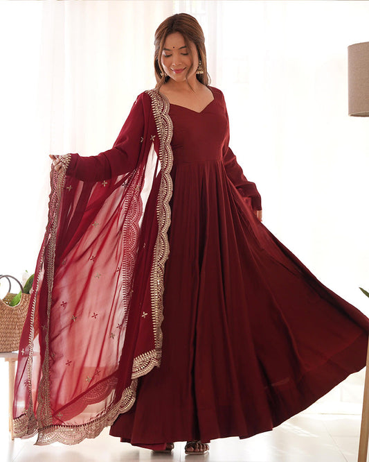 BEAUTIFUL MAROON COLOR PURE CHANDERI SILK ANARKALI SUIT SET OF 3