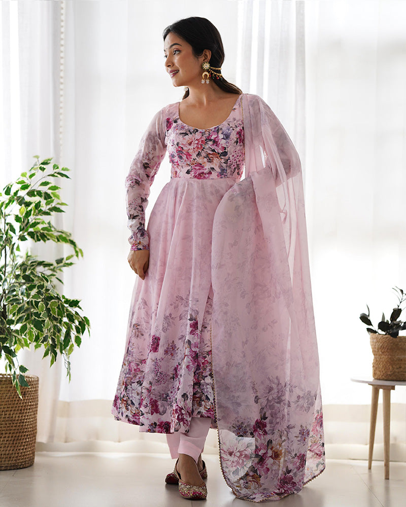 BABY PINK COLOR FLORAL PRINT ORGANZA ANARKALI SUIT SET OF 3