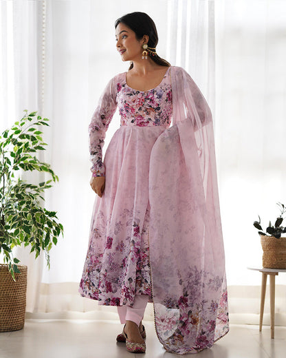 BABY PINK COLOR FLORAL PRINT ORGANZA ANARKALI SUIT SET OF 3