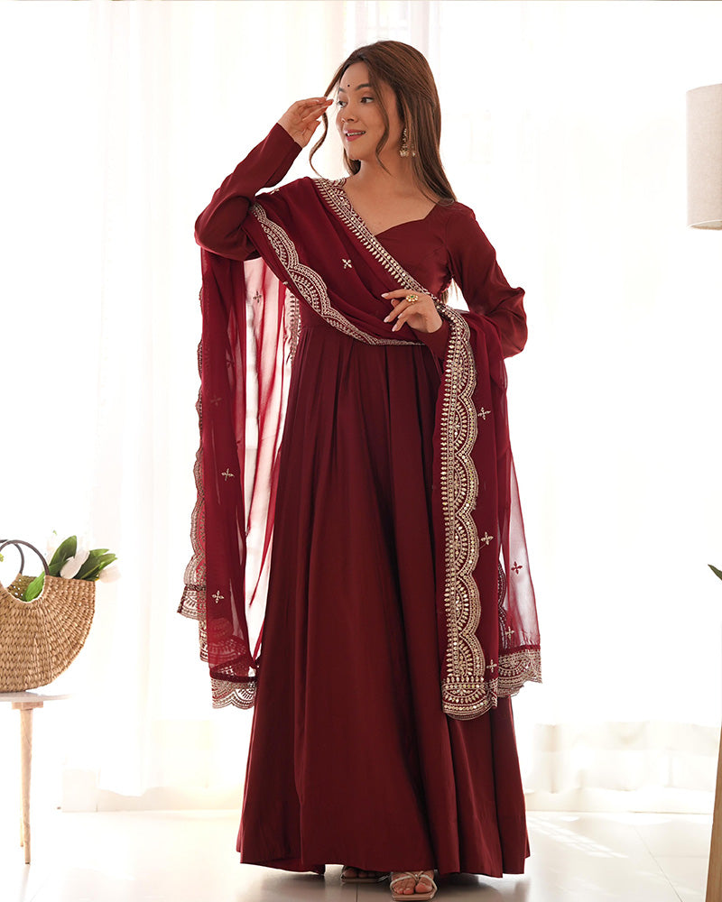 BEAUTIFUL MAROON COLOR PURE CHANDERI SILK ANARKALI SUIT SET OF 3