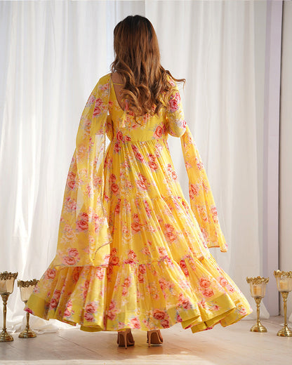 YELLOW COLOR GEORGETTE THREE LAYER RUFFLE STYLE ANARKALI SUIT SET OF 3