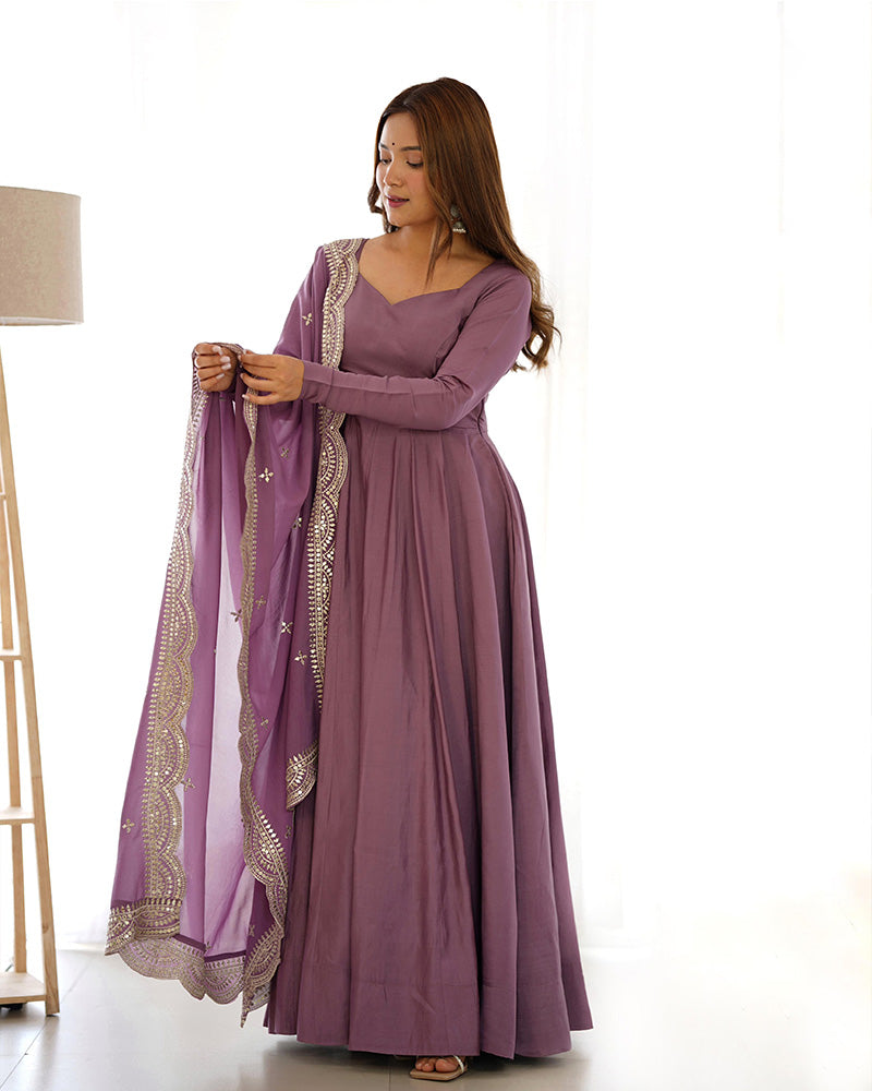 BEAUTIFUL ONION COLOR PURE CHANDERI SILK ANARKALI SUIT SET OF 3