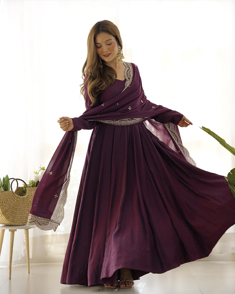 BEAUTIFUL WINE COLOR PURE CHANDERI SILK ANARKALI SUIT SET OF 3