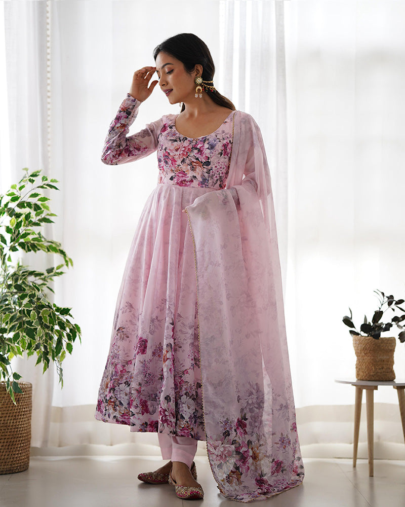 BABY PINK COLOR FLORAL PRINT ORGANZA ANARKALI SUIT SET OF 3