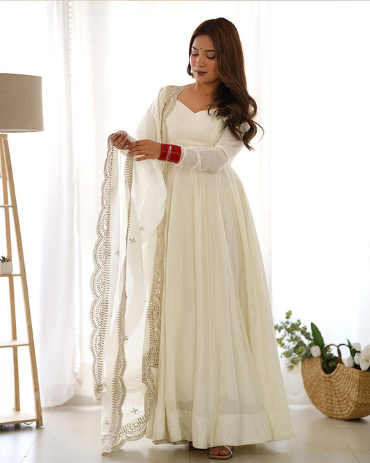 BEAUTIFUL WHITE COLOR PURE CHANDERI SILK ANARKALI SUIT SET OF 3