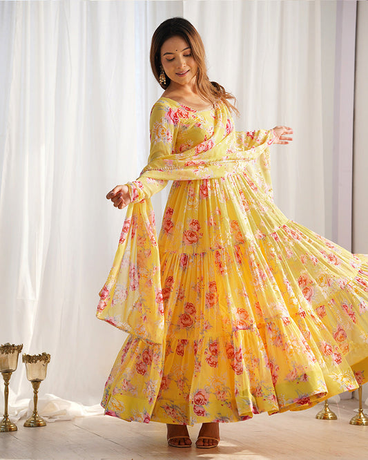 YELLOW COLOR GEORGETTE THREE LAYER RUFFLE STYLE ANARKALI SUIT SET OF 3