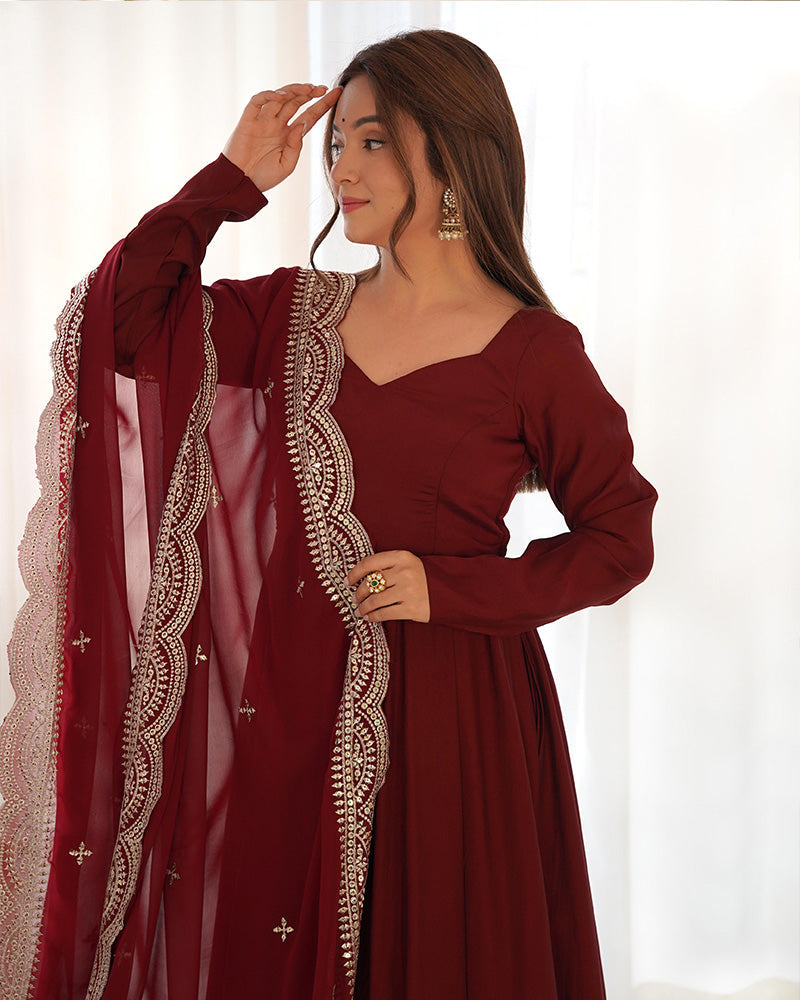 BEAUTIFUL MAROON COLOR PURE CHANDERI SILK ANARKALI SUIT SET OF 3