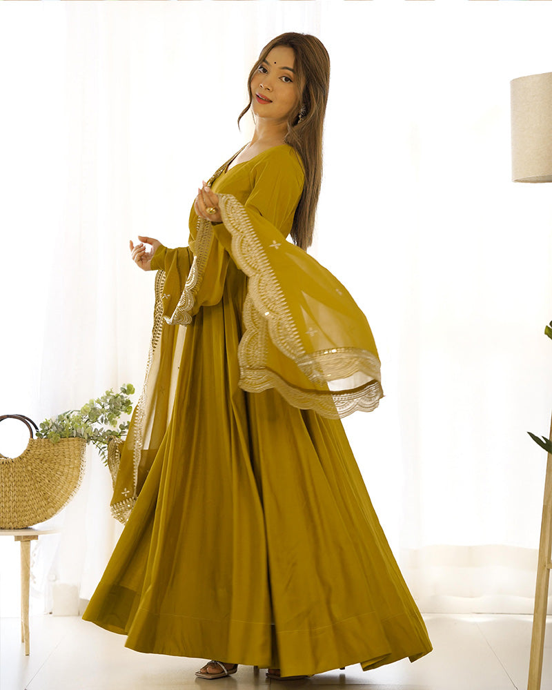 BEAUTIFUL MUSTARD COLOR PURE CHANDERI SILK ANARKALI SUIT SET OF 3