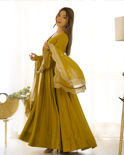 BEAUTIFUL MUSTARD COLOR PURE CHANDERI SILK ANARKALI SUIT SET OF 3