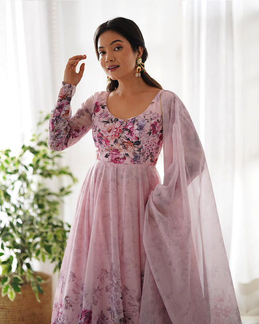 BABY PINK COLOR FLORAL PRINT ORGANZA ANARKALI SUIT SET OF 3