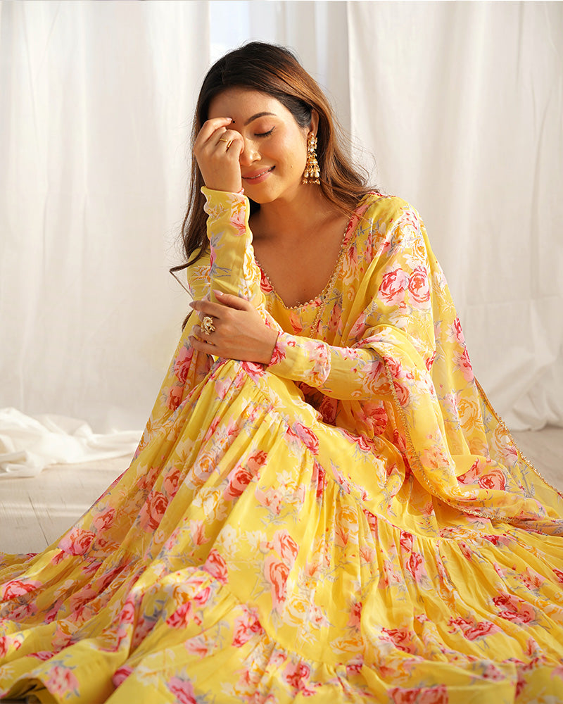 YELLOW COLOR GEORGETTE THREE LAYER RUFFLE STYLE ANARKALI SUIT SET OF 3