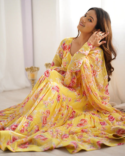 YELLOW COLOR GEORGETTE THREE LAYER RUFFLE STYLE ANARKALI SUIT SET OF 3