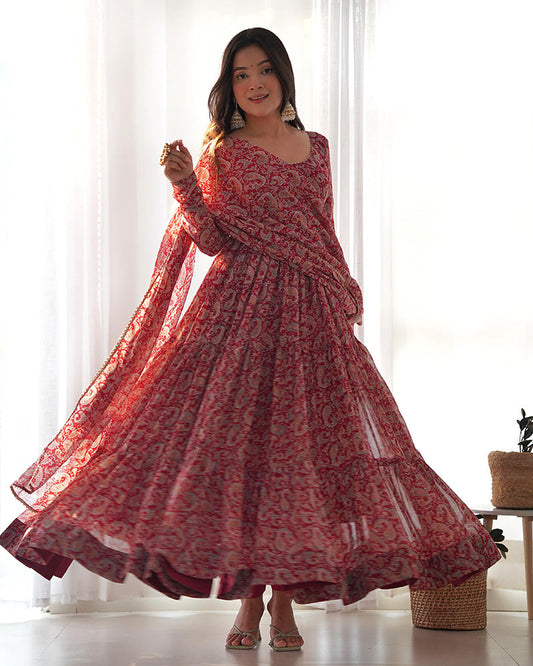 MAROON COLOR GEORGETTE THREE LAYER RUFFLE STYLE ANARKALI SUIT