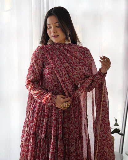 MAROON COLOR GEORGETTE THREE LAYER RUFFLE STYLE ANARKALI SUIT