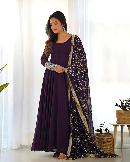 WINE COLOR SOFT GEORGETTE WITH HEAVY EMBROIDERY WORK DUPATTA ANARKALI SUIT