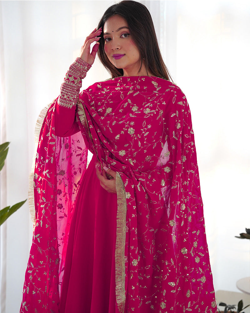 RANI PINK COLOR SOFT GEORGETTE ANARKALI GOWN WITH HEAVY EMBROIDERY WORK DUPATTA