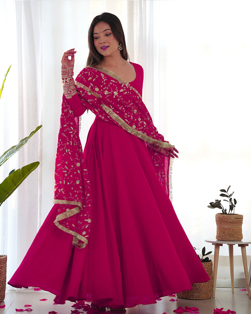 RANI PINK COLOR SOFT GEORGETTE ANARKALI GOWN WITH HEAVY EMBROIDERY WORK DUPATTA